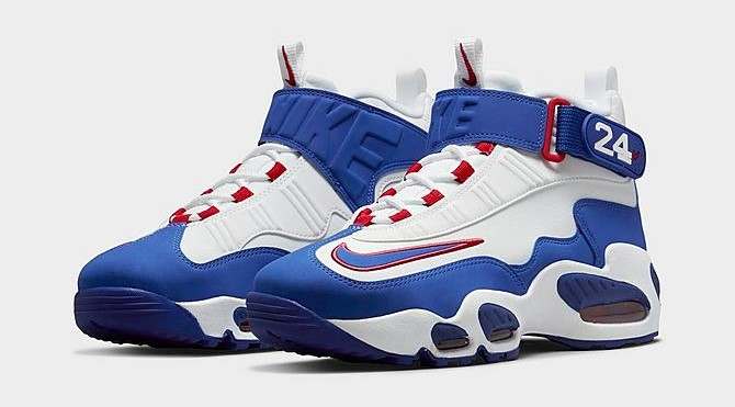 Side view of Ken Griffey's white and blue Nike shoes.